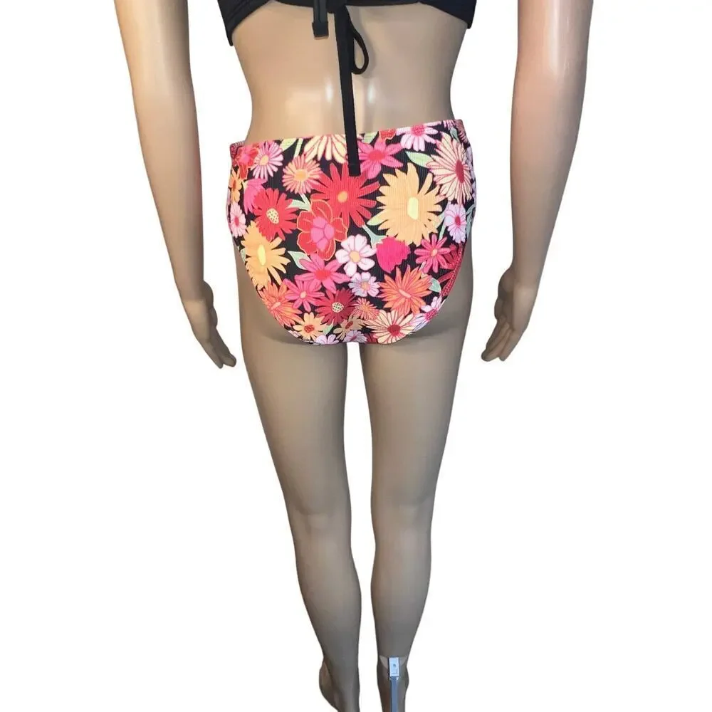 Wild fable women S floral ribbed print high waist‎ leg cheeky bikini bottom NEW
